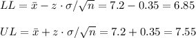 LL=\bar x-z\cdot\sigma/\sqrt{n}=7.2-0.35=6.85\\\\ UL=\bar x+z\cdot\sigma/\sqrt{n} =7.2+0.35=7.55