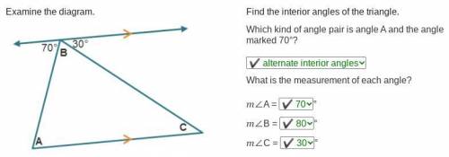 Examine the diagram. Triangle A B C. Side A C is parallel to a line. The line is at angle B. The ang