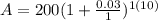A=200(1+\frac{0.03}{1})^{1(10)}