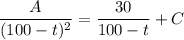 \dfrac A{(100-t)^2}=\dfrac{30}{100-t}+C