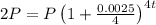 2P = P\left(1 + \frac{0.0025}{4}\right)^{4t}