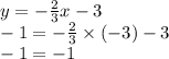 y =  -  \frac{2}{3} x - 3 \\  - 1 =  -  \frac{2}{3}  \times ( - 3) - 3 \\  - 1 =  - 1