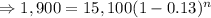 \Rightarrow 1,900=15,100(1-0.13)^n