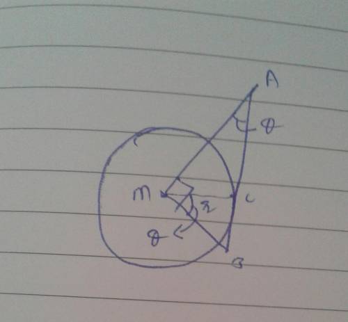 In cirlce m segment AB is tangent to the cirlce at point c. AB has endpoints such that AM is perpend