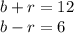 b + r = 12\\b - r = 6