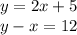 y = 2x + 5\\y - x = 12