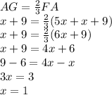 AG=\frac{2}{3}FA\\ x+9=\frac{2}{3}(5x+x+9)\\ x+9=\frac{2}{3}(6x+9) \\x+9=4x+6\\9-6=4x-x\\3x=3\\x=1
