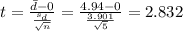 t=\frac{\bar d -0}{\frac{s_d}{\sqrt{n}}}=\frac{4.94 -0}{\frac{3.901}{\sqrt{5}}}=2.832