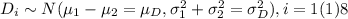 D_i\sim N(\mu _{1}-\mu _{2}=\mu _{D},\sigma _{1}^{2}+\sigma _{2}^{2}=\sigma _{D}^{2}) , i=1(1)8