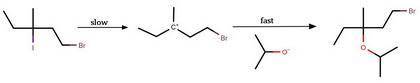 1) Describe the reaction that occurs at modest temperatures between the starting material and nucleo