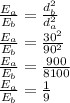 \frac{E_{a} }{E_{b} } = \frac{d_{b} ^{2} }{d_{a} ^{2}} \\\frac{E_{a} }{E_{b} } = \frac{30^{2} }{90 ^{2}}\\\frac{E_{a} }{E_{b} } =\frac{900 }{8100}\\\frac{E_{a} }{E_{b} } =\frac{1 }{9}