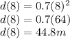 d(8)=0.7(8)^2\\d(8)=0.7(64)\\d(8)=44.8m\\