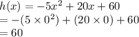 h (x) = - 5x^{2} + 20x + 60\\=-(5\times 0^{2})+(20\times 0)+60\\=60