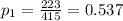 p_{1}=\frac{223}{415}=0.537