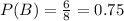 P(B) = \frac{6}{8} = 0.75