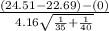 \frac{(24.51-22.69)-(0)}{4.16 \sqrt{\frac{1}{35}+\frac{1}{40}  } }