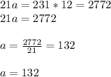 21a= 231*12 = 2772\\21a = 2772\\ \\a = \frac{2772}{21} = 132\\\\a = 132