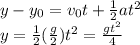 y - y_0 = v_0t + \frac{1}{2}at^2\\y = \frac{1}{2}(\frac{g}{2})t^2 = \frac{gt^2}{4}