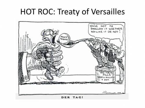 This cartoon implies that Germany was forced to sign a treaty it strongly opposed. Which aspect of t