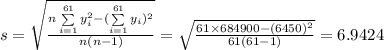 s=\sqrt{\frac{n\sum\limits^{61}_{i=1}{y_{i}^{2}} - (\sum\limits^{61}_{i=1}{y_{i}})^{2}}{n(n-1)}}=\sqrt{\frac{61\times684900 - (6450)^{2}}{61(61-1)}}=6.9424