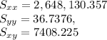 S_{xx} = 2,648,130.357\\S_{yy} = 36.7376,\\S_{xy} = 7408.225