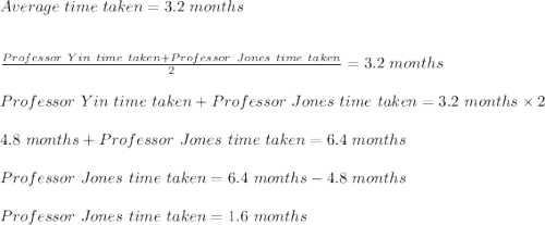 Average \ time\ taken = 3.2\ months\\\\\\ \frac{Professor\ Yin\ time\ taken+Professor\ Jones \ time\ taken}{2} = 3.2\ months\\\\ \ Professor \ Yin\ time\ taken+Professor\ Jones \ time\ taken} = 3.2\ months\times2\\\\ \ 4.8 \ months+Professor\ Jones \ time\ taken} = 6.4\ months\\\\Professor\ Jones \ time\ taken} = 6.4\ months - 4.8\ months\\\\Professor\ Jones \ time\ taken} = 1.6\ months