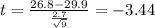 t=\frac{26.8-29.9}{\frac{2.7}{\sqrt{9}}}=-3.44