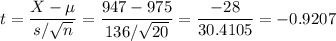 t=\dfrac{X-\mu}{s/\sqrt{n}}=\dfrac{947-975}{136/\sqrt{20}}=\dfrac{-28}{30.4105}=-0.9207