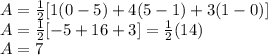 A=\frac{1}{2}[1(0 -5)+4(5 -1 )+3(1-0  )  ]\\A=\frac{1}{2} [-5+16+3]=\frac{1}{2}(14)\\ A=7
