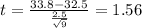 t=\frac{33.8-32.5}{\frac{2.5}{\sqrt{9}}}=1.56