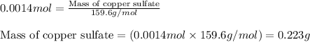 0.0014mol=\frac{\text{Mass of copper sulfate}}{159.6g/mol}\\\\\text{Mass of copper sulfate}=(0.0014mol\times 159.6g/mol)=0.223g