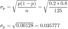 \sigma_p=\sqrt{\dfrac{p(1-p)}{n}}=\sqrt{\dfrac{0.2*0.8}{125}}\\\\\\ \sigma_p=\sqrt{0.00128}=0.035777
