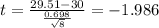 t=\frac{29.51-30}{\frac{0.698}{\sqrt{8}}}=-1.986