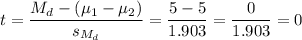 t=\dfrac{M_d-(\mu_1-\mu_2)}{s_{M_d}}=\dfrac{5-5}{1.903}=\dfrac{0}{1.903}=0