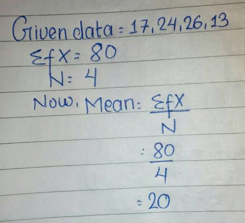 What is the mean of the data set? 17, 24, 26, 13 Pls I need this fast