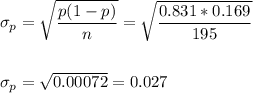 \sigma_p=\sqrt{\dfrac{p(1-p)}{n}}=\sqrt{\dfrac{0.831*0.169}{195}}\\\\\\ \sigma_p=\sqrt{0.00072}=0.027