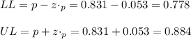 LL=p-z \cdot \sisgma_p = 0.831-0.053=0.778\\\\UL=p+z \cdot \sisgma_p = 0.831+0.053=0.884