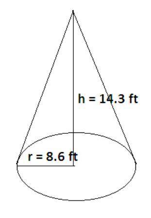 Find the volume of a right circular cone that has a height of 14.3 ft and a base with a diameter of