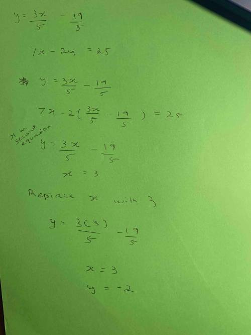 Find the point of intersection of the lines 7x-2y=25 and 5y=3x-19, then find the value of 5x-y^2. Pl