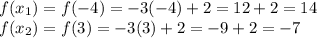 f(x_1)=f(-4)=-3(-4)+2=12+2=14\\f(x_2)=f(3)=-3(3)+2=-9+2=-7