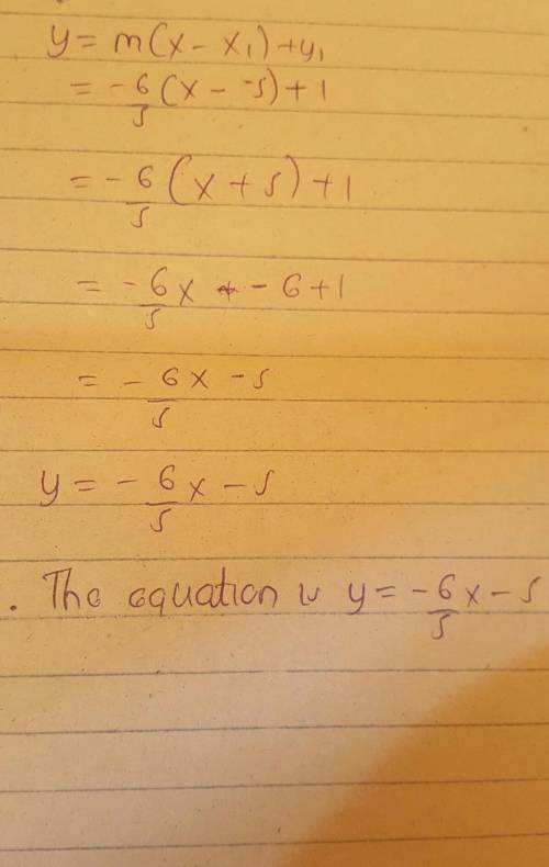 What is the equation of the line that passes through the point (-5,1) and has a slope of -6/5