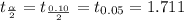 t_{\frac{\alpha }{2} } = t_{\frac{0.10}{2} } = t_{0.05} =1.711