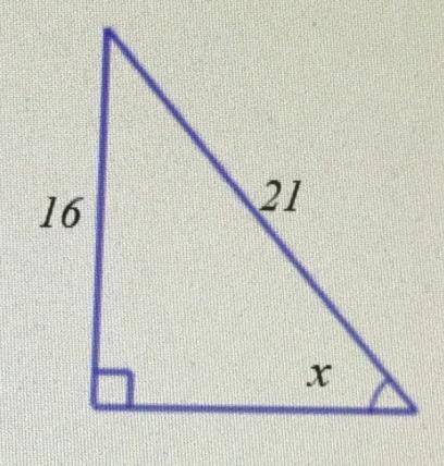 Find the angle represented by x (rounded to the nearest tenth of a degree). A) 32.6° B) 36.4° C) 37.