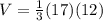 V=\frac{1}{3} (17)(12)