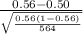 \frac{0.56-0.50}{\sqrt\frac{0.56(1-0.56)}{564} {} }