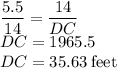 \dfrac{5.5}{14}=\dfrac{14}{DC}\\DC=\dracf{196}{5.5}\\DC=35.63 \:\rm feet