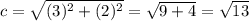 c= \sqrt{(3)^{2}+(2)^{2}  } =\sqrt{9+4} =\sqrt{13}