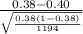 \frac{0.38-0.40}{\sqrt{\frac{0.38(1-0.38)}{1194} } }