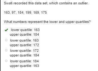 163, 97, 184, 199, 169, 175 what numbers represent the lower and upper quartiles?