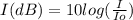 I (dB)= 10log(\frac{I}{Io} )